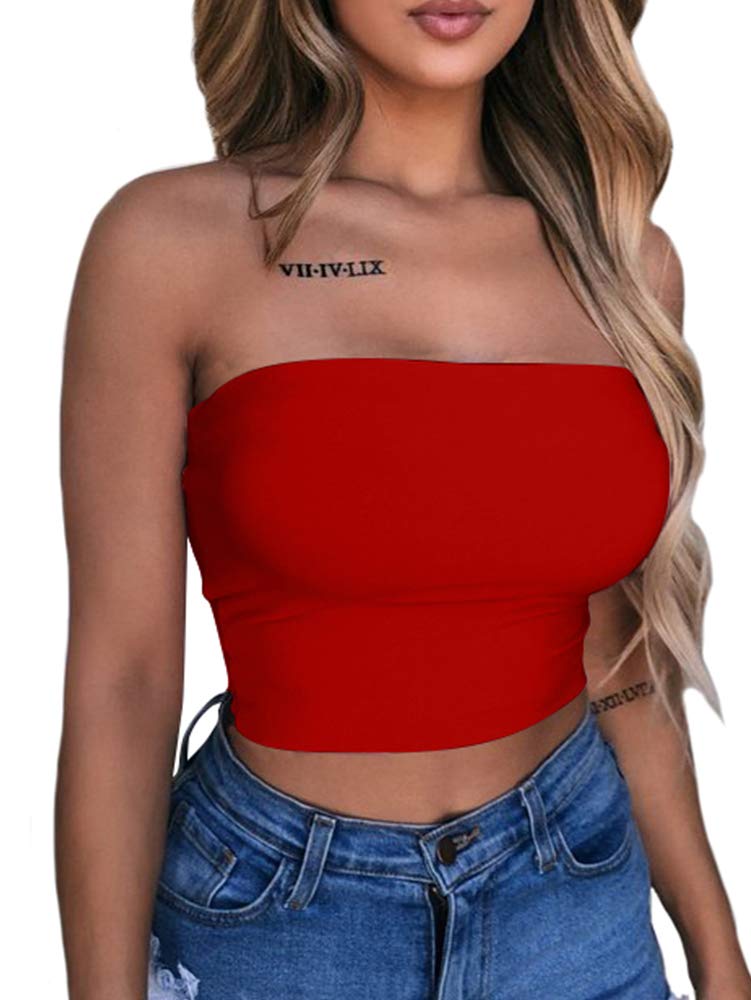 LAGSHIAN Women's Sexy Crop Top Sleeveless Stretchy Solid Strapless Tube Top Red - Image 1